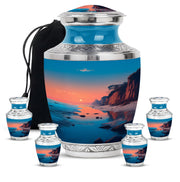 Deep Teal Beach Cremation Urn lifestyle display on memorial shelf - artistic beach interpretation with creative detail - memorial set with one large and four small urns