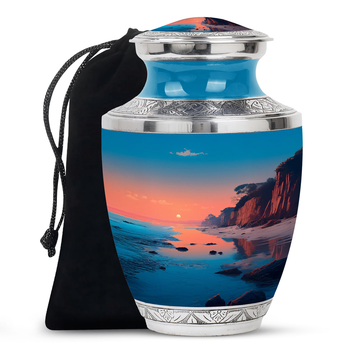 Mystic Teal Beach Cremation Urn side profile showing urn shape - stylized abstract beach pattern with bold lines - full-size 10 inch 200 cubic inch adult cremation urn
