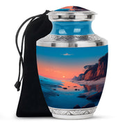 Mystic Teal Beach Cremation Urn side profile showing urn shape - stylized abstract beach pattern with bold lines - full-size 10 inch 200 cubic inch adult cremation urn