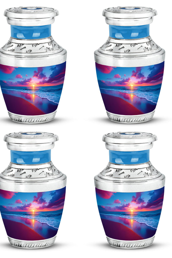 Indigo Beach Cremation Urn back view with polished surface - modern art-inspired beach motif on sleek aluminum - 10 inch aluminum urn for cremated remains