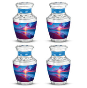 Indigo Beach Cremation Urn back view with polished surface - modern art-inspired beach motif on sleek aluminum - 10 inch aluminum urn for cremated remains