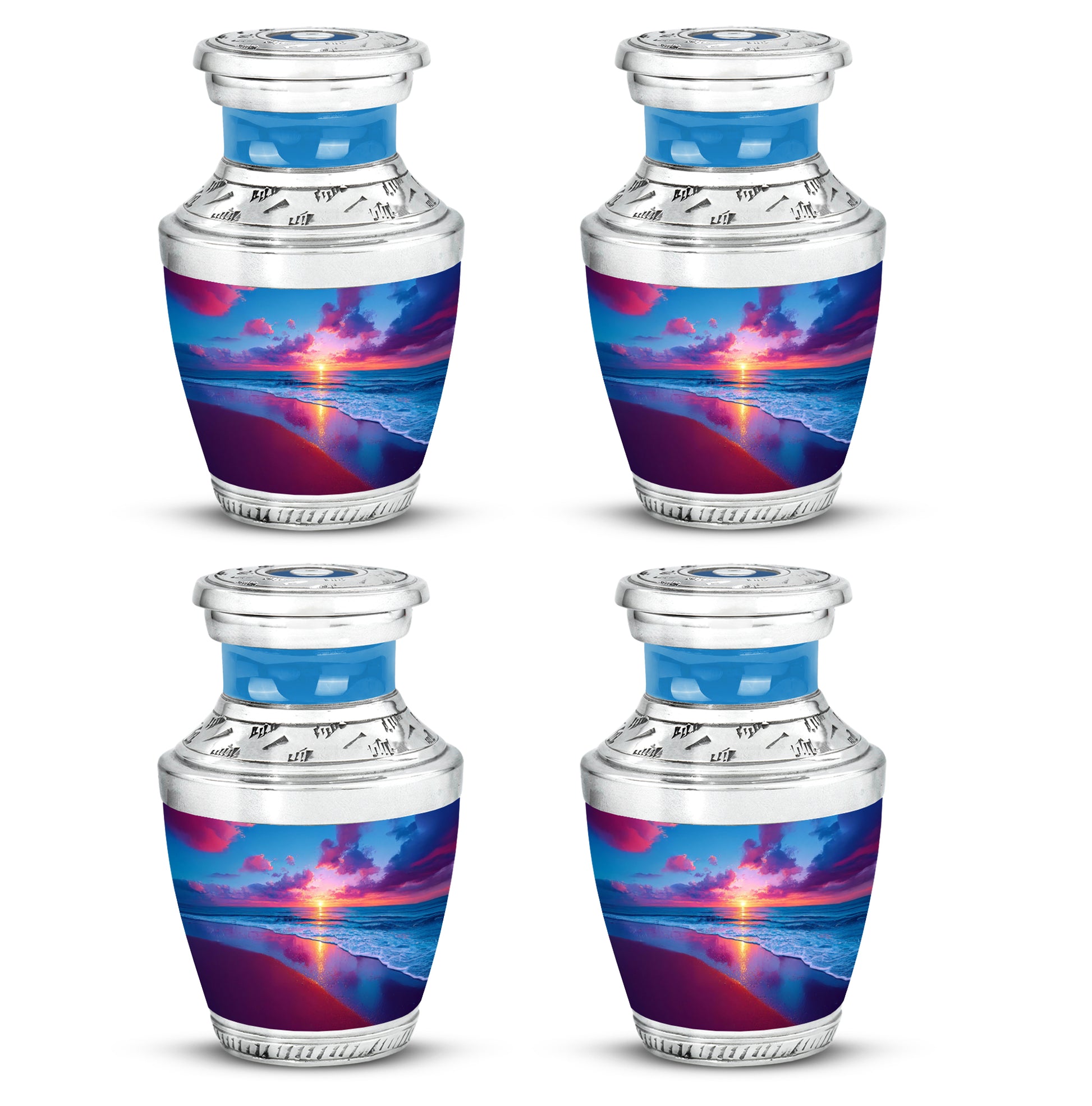 Indigo Beach Cremation Urn back view with polished surface - modern art-inspired beach motif on sleek aluminum - 10 inch aluminum urn for cremated remains
