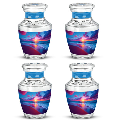 Indigo Beach Cremation Urn back view with polished surface - modern art-inspired beach motif on sleek aluminum - 10 inch aluminum urn for cremated remains
