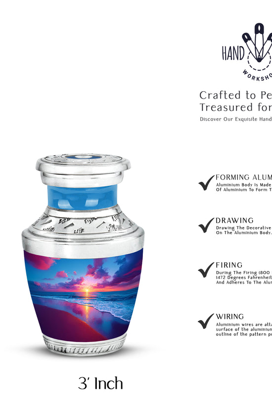 Royal Blue Beach Cremation Urn top-down view of secure threaded lid - stylized abstract beach pattern with bold lines - mini keepsake memorial for portion of cremation ashes