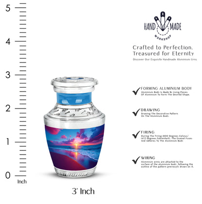 Royal Blue Beach Cremation Urn top-down view of secure threaded lid - stylized abstract beach pattern with bold lines - mini keepsake memorial for portion of cremation ashes