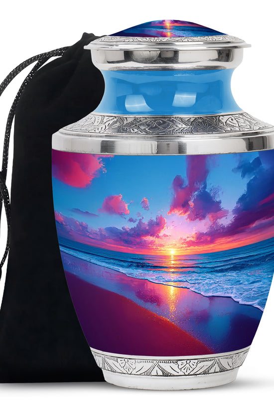 Cornflower Blue Beach Cremation Urn side profile showing urn shape - stylized abstract beach pattern with bold lines - full-size 10 inch 200 cubic inch adult cremation urn