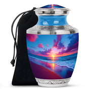 Cornflower Blue Beach Cremation Urn side profile showing urn shape - stylized abstract beach pattern with bold lines - full-size 10 inch 200 cubic inch adult cremation urn