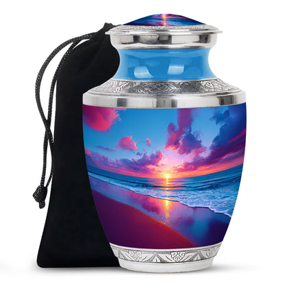 Cornflower Blue Beach Cremation Urn side profile showing urn shape - stylized abstract beach pattern with bold lines - full-size 10 inch 200 cubic inch adult cremation urn