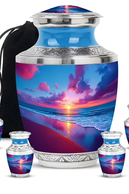 Powder Blue Beach Cremation Urn lifestyle display on memorial shelf - modern art-inspired beach motif on sleek aluminum - memorial set with one large and four small urns