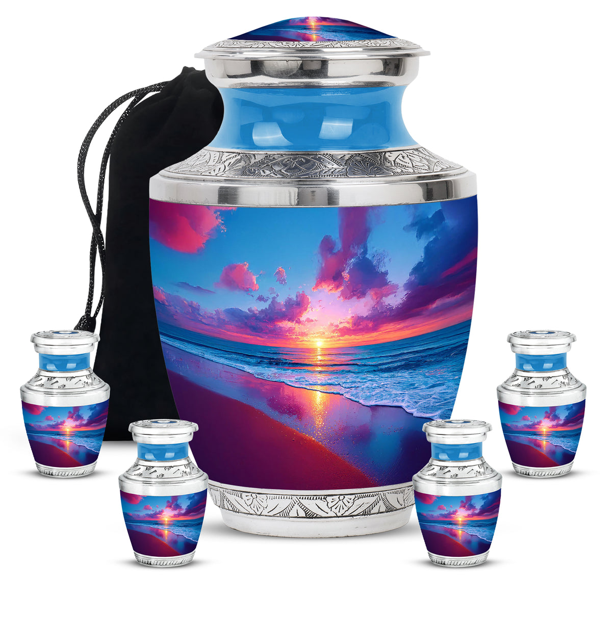 Powder Blue Beach Cremation Urn lifestyle display on memorial shelf - modern art-inspired beach motif on sleek aluminum - memorial set with one large and four small urns