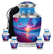 Powder Blue Beach Cremation Urn lifestyle display on memorial shelf - modern art-inspired beach motif on sleek aluminum - memorial set with one large and four small urns
