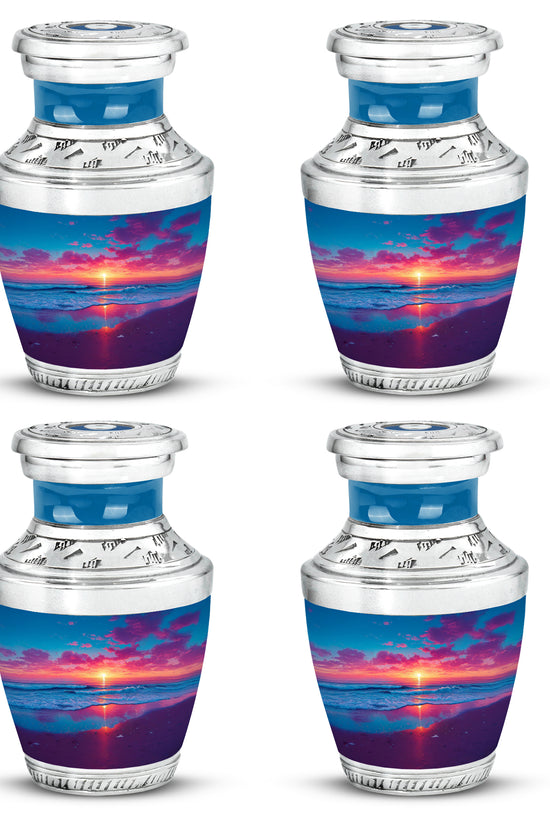 Azure Beach Cremation Urn back view with polished surface - modern art-inspired beach motif on sleek aluminum - 10 inch aluminum urn for cremated remains