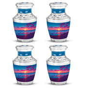 Azure Beach Cremation Urn back view with polished surface - modern art-inspired beach motif on sleek aluminum - 10 inch aluminum urn for cremated remains