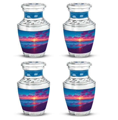 Azure Beach Cremation Urn back view with polished surface - modern art-inspired beach motif on sleek aluminum - 10 inch aluminum urn for cremated remains