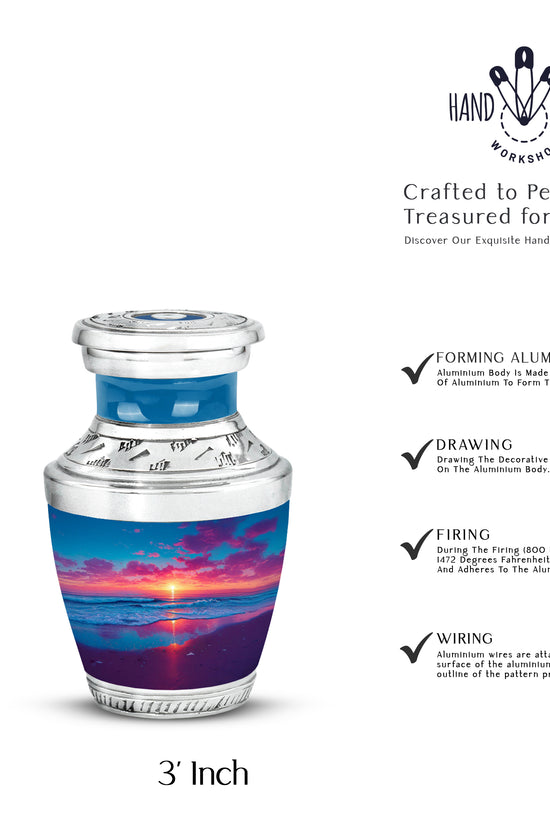 Cobalt Blue Beach Cremation Urn top-down view of secure threaded lid - artistic beach interpretation with creative detail - mini keepsake memorial for portion of cremation ashes