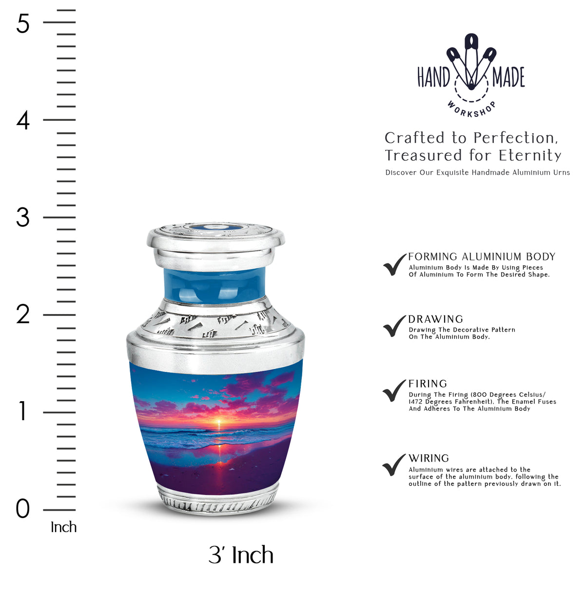 Cobalt Blue Beach Cremation Urn top-down view of secure threaded lid - artistic beach interpretation with creative detail - mini keepsake memorial for portion of cremation ashes