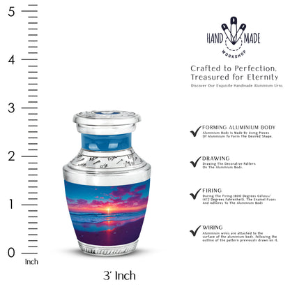 Cobalt Blue Beach Cremation Urn top-down view of secure threaded lid - artistic beach interpretation with creative detail - mini keepsake memorial for portion of cremation ashes