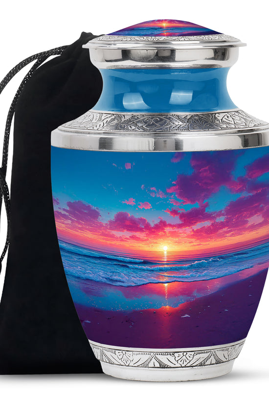 Serene Blue Beach Cremation Urn side profile showing urn shape - stylized abstract beach pattern with bold lines - full-size 10 inch 200 cubic inch adult cremation urn