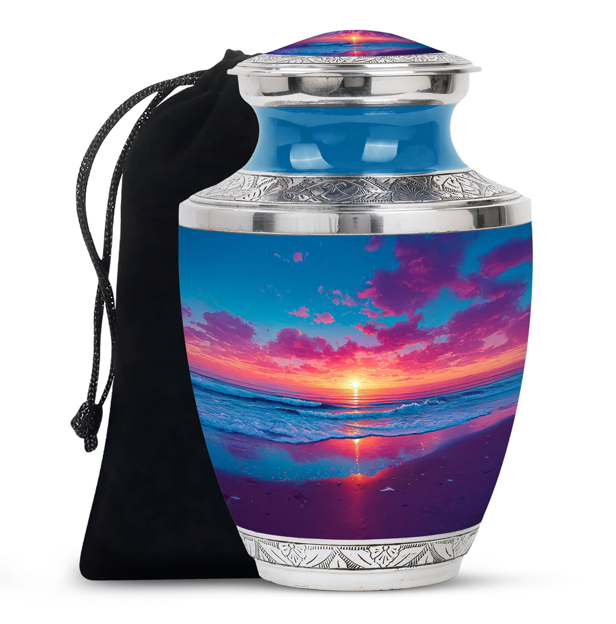 Serene Blue Beach Cremation Urn side profile showing urn shape - stylized abstract beach pattern with bold lines - full-size 10 inch 200 cubic inch adult cremation urn