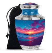 Serene Blue Beach Cremation Urn side profile showing urn shape - stylized abstract beach pattern with bold lines - full-size 10 inch 200 cubic inch adult cremation urn