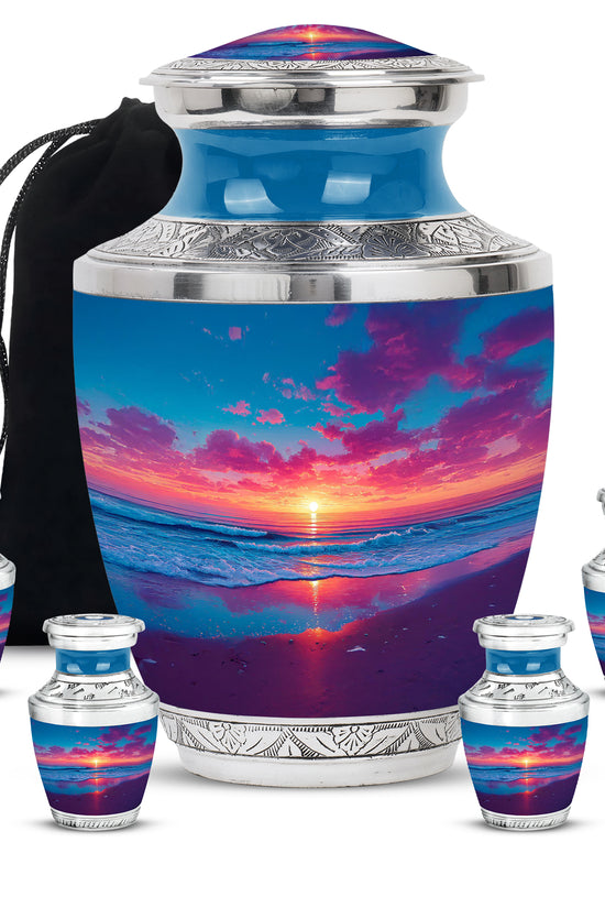 Sapphire Blue Beach Cremation Urn lifestyle display on memorial shelf - stylized abstract beach pattern with bold lines - memorial set with one large and four small urns