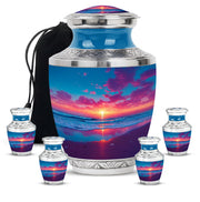 Sapphire Blue Beach Cremation Urn lifestyle display on memorial shelf - stylized abstract beach pattern with bold lines - memorial set with one large and four small urns
