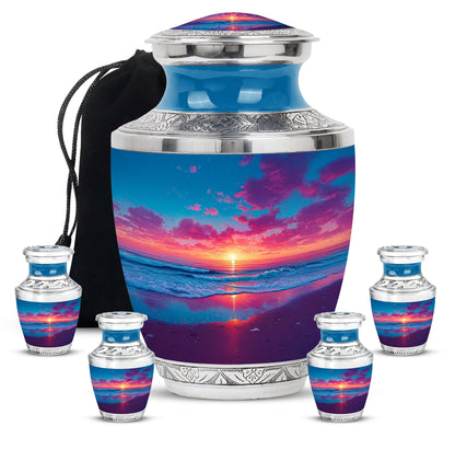 Sapphire Blue Beach Cremation Urn lifestyle display on memorial shelf - stylized abstract beach pattern with bold lines - memorial set with one large and four small urns