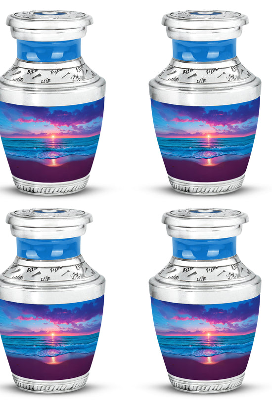 Sky Blue Beach Cremation Urn back view with polished surface - contemporary beach design with modern artistic flair - 10 inch aluminum urn for cremated remains