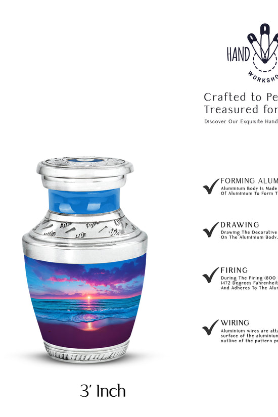 Icy Blue Beach Cremation Urn top-down view of secure threaded lid - contemporary beach design with modern artistic flair - mini keepsake memorial for portion of cremation ashes