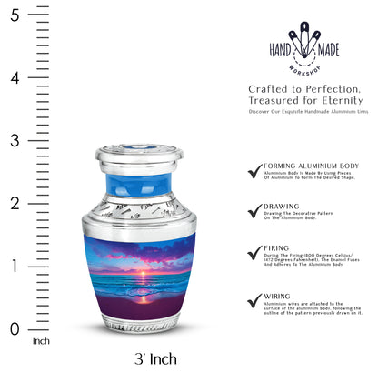 Icy Blue Beach Cremation Urn top-down view of secure threaded lid - contemporary beach design with modern artistic flair - mini keepsake memorial for portion of cremation ashes