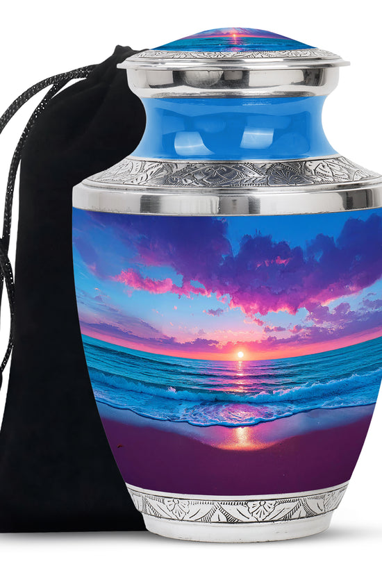 Sapphire Blue Beach Cremation Urn side profile showing urn shape - artistic beach interpretation with creative detail - full-size 10 inch 200 cubic inch adult cremation urn
