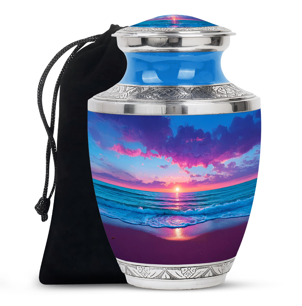 Sapphire Blue Beach Cremation Urn side profile showing urn shape - artistic beach interpretation with creative detail - full-size 10 inch 200 cubic inch adult cremation urn