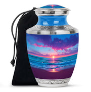 Sapphire Blue Beach Cremation Urn side profile showing urn shape - artistic beach interpretation with creative detail - full-size 10 inch 200 cubic inch adult cremation urn