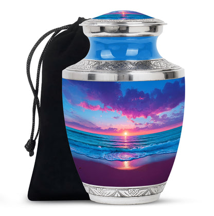 Sapphire Blue Beach Cremation Urn side profile showing urn shape - artistic beach interpretation with creative detail - full-size 10 inch 200 cubic inch adult cremation urn