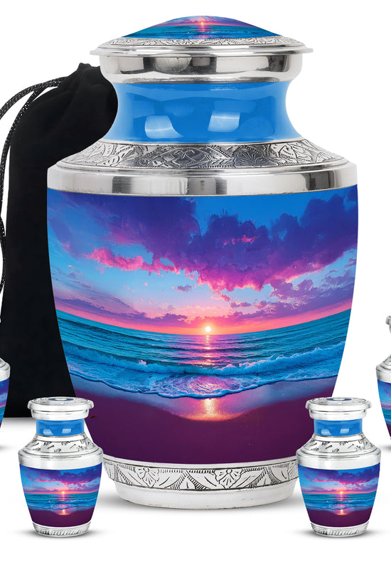 Dusty Blue Beach Cremation Urn lifestyle display on memorial shelf - modern art-inspired beach motif on sleek aluminum - memorial set with one large and four small urns
