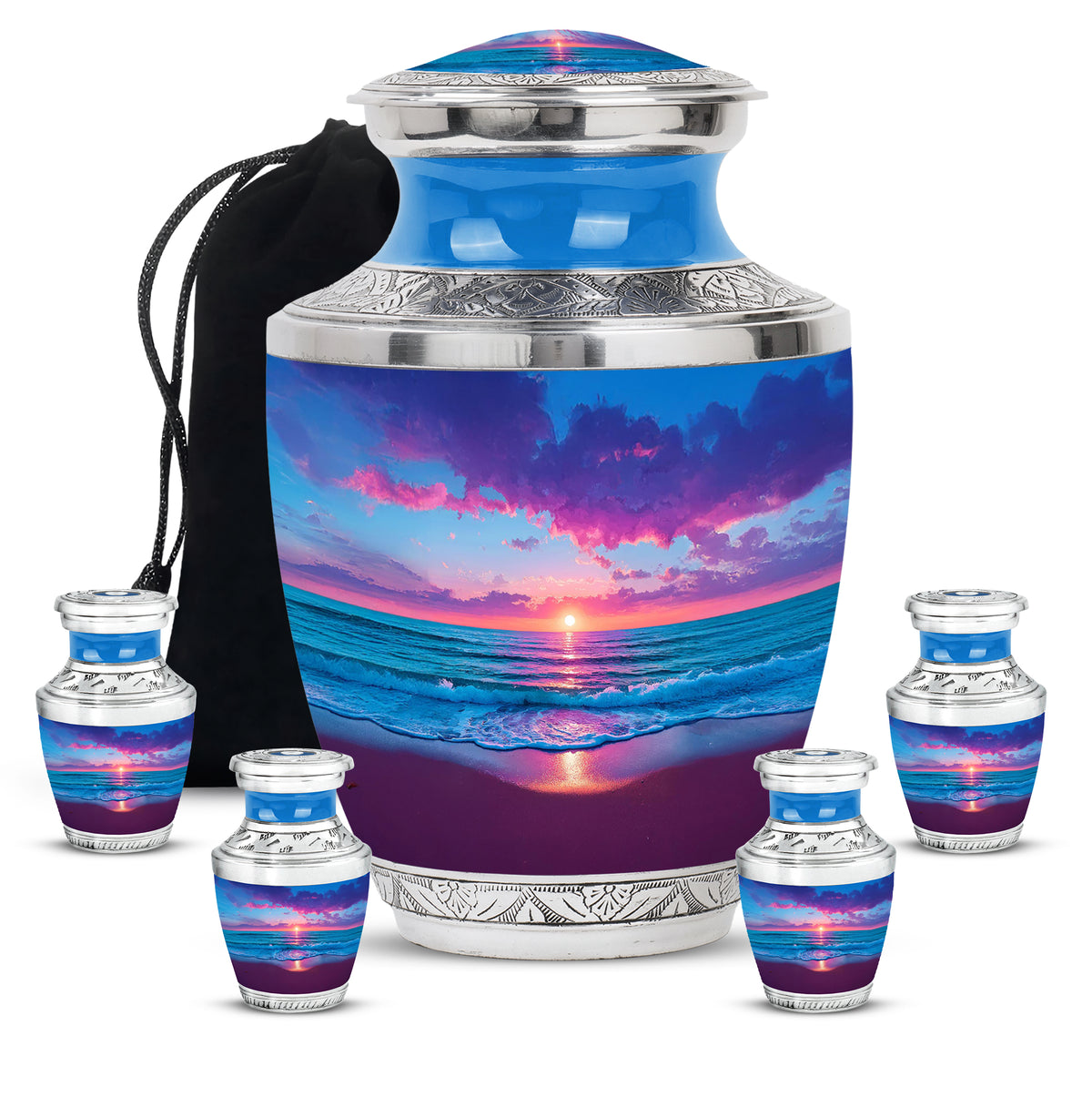 Dusty Blue Beach Cremation Urn lifestyle display on memorial shelf - modern art-inspired beach motif on sleek aluminum - memorial set with one large and four small urns