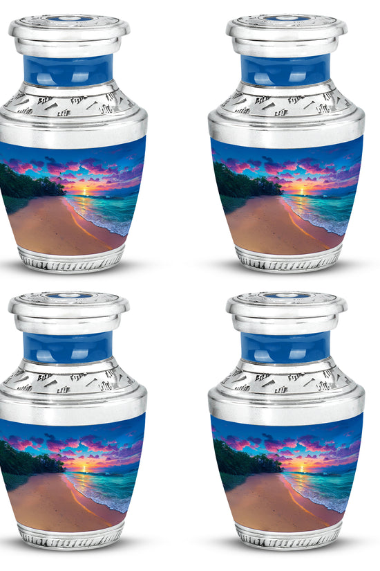 Calming Blue Beach Cremation Urn back view with polished surface - stylized abstract beach pattern with bold lines - 10 inch aluminum urn for cremated remains