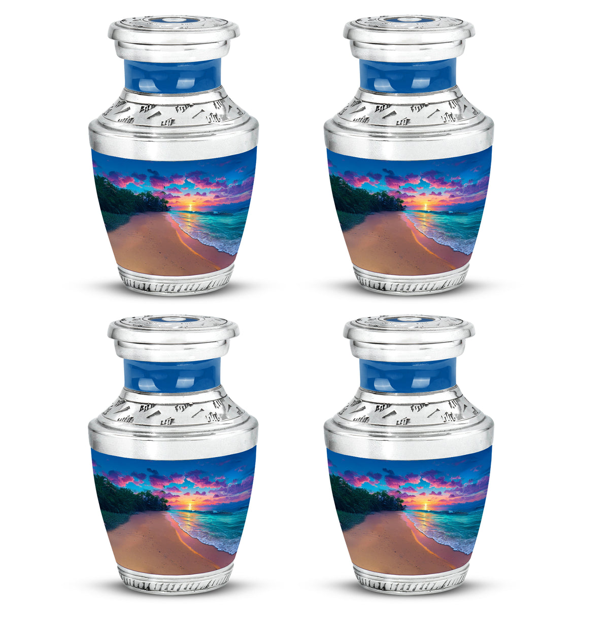 Calming Blue Beach Cremation Urn back view with polished surface - stylized abstract beach pattern with bold lines - 10 inch aluminum urn for cremated remains