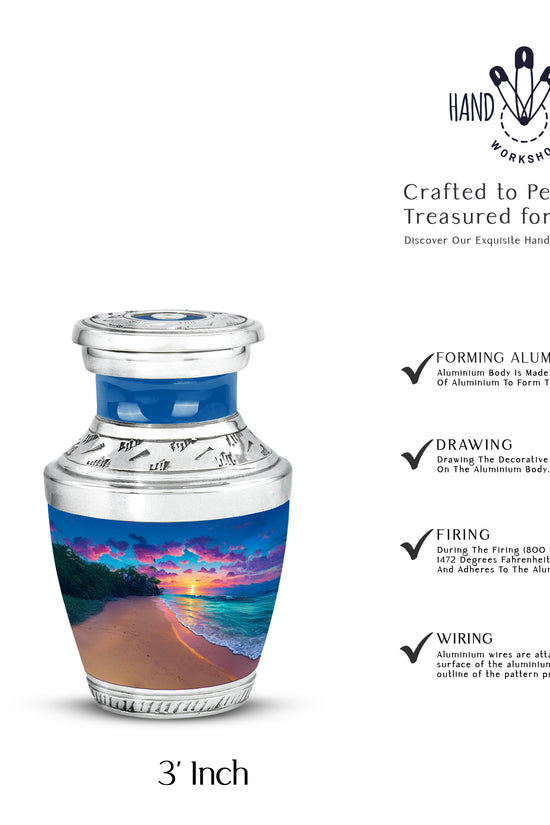 Powder Blue Beach Cremation Urn top-down view of secure threaded lid - modern art-inspired beach motif on sleek aluminum - mini keepsake memorial for portion of cremation ashes