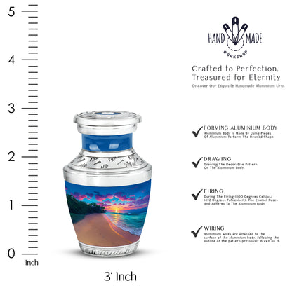 Powder Blue Beach Cremation Urn top-down view of secure threaded lid - modern art-inspired beach motif on sleek aluminum - mini keepsake memorial for portion of cremation ashes