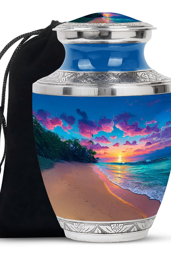 Slate Blue Beach Cremation Urn side profile showing urn shape - contemporary beach design with modern artistic flair - full-size 10 inch 200 cubic inch adult cremation urn