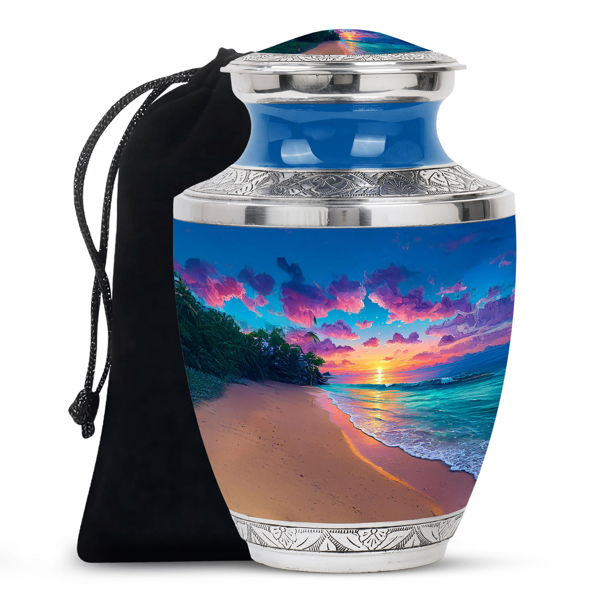 Slate Blue Beach Cremation Urn side profile showing urn shape - contemporary beach design with modern artistic flair - full-size 10 inch 200 cubic inch adult cremation urn