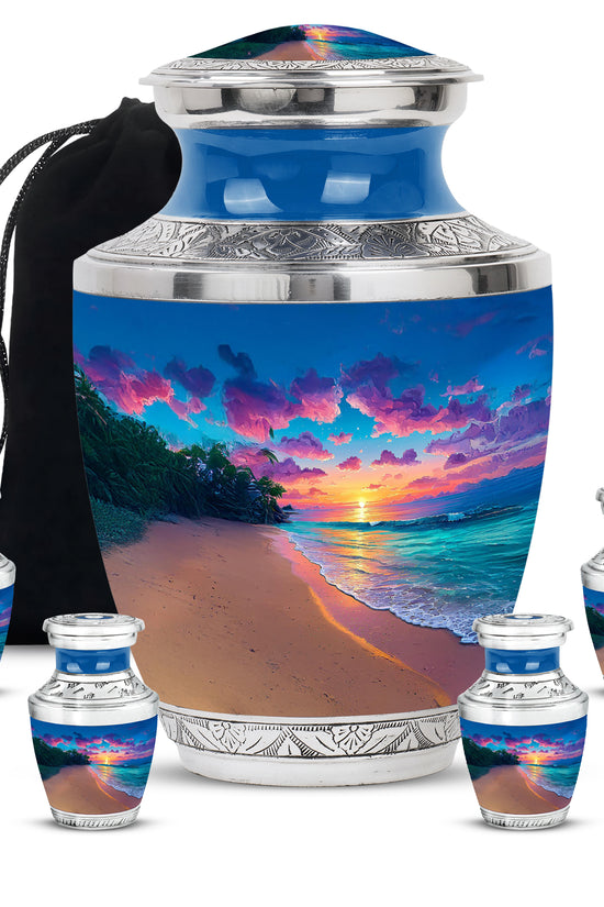 Bright Blue Beach Cremation Urn lifestyle display on memorial shelf - stylized abstract beach pattern with bold lines - memorial set with one large and four small urns