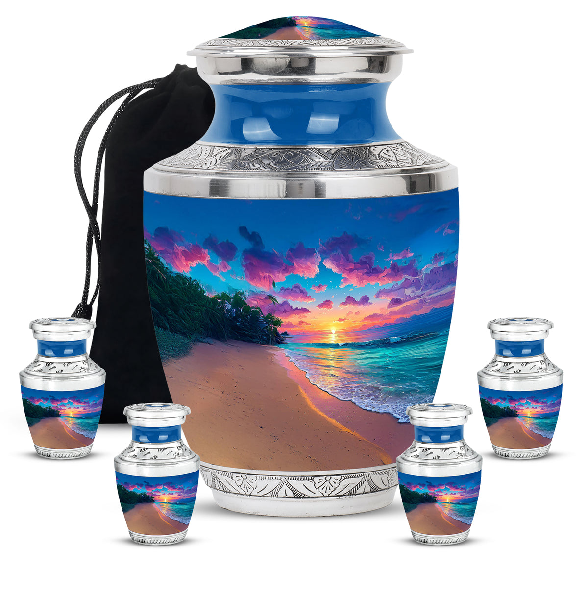 Bright Blue Beach Cremation Urn lifestyle display on memorial shelf - stylized abstract beach pattern with bold lines - memorial set with one large and four small urns