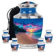 Bright Blue Beach Cremation Urn lifestyle display on memorial shelf - stylized abstract beach pattern with bold lines - memorial set with one large and four small urns