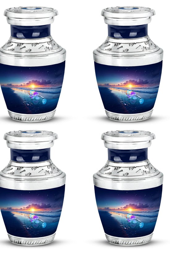 Indigo Beach Cremation Urn back view with polished surface - contemporary beach design with modern artistic flair - 10 inch aluminum urn for cremated remains
