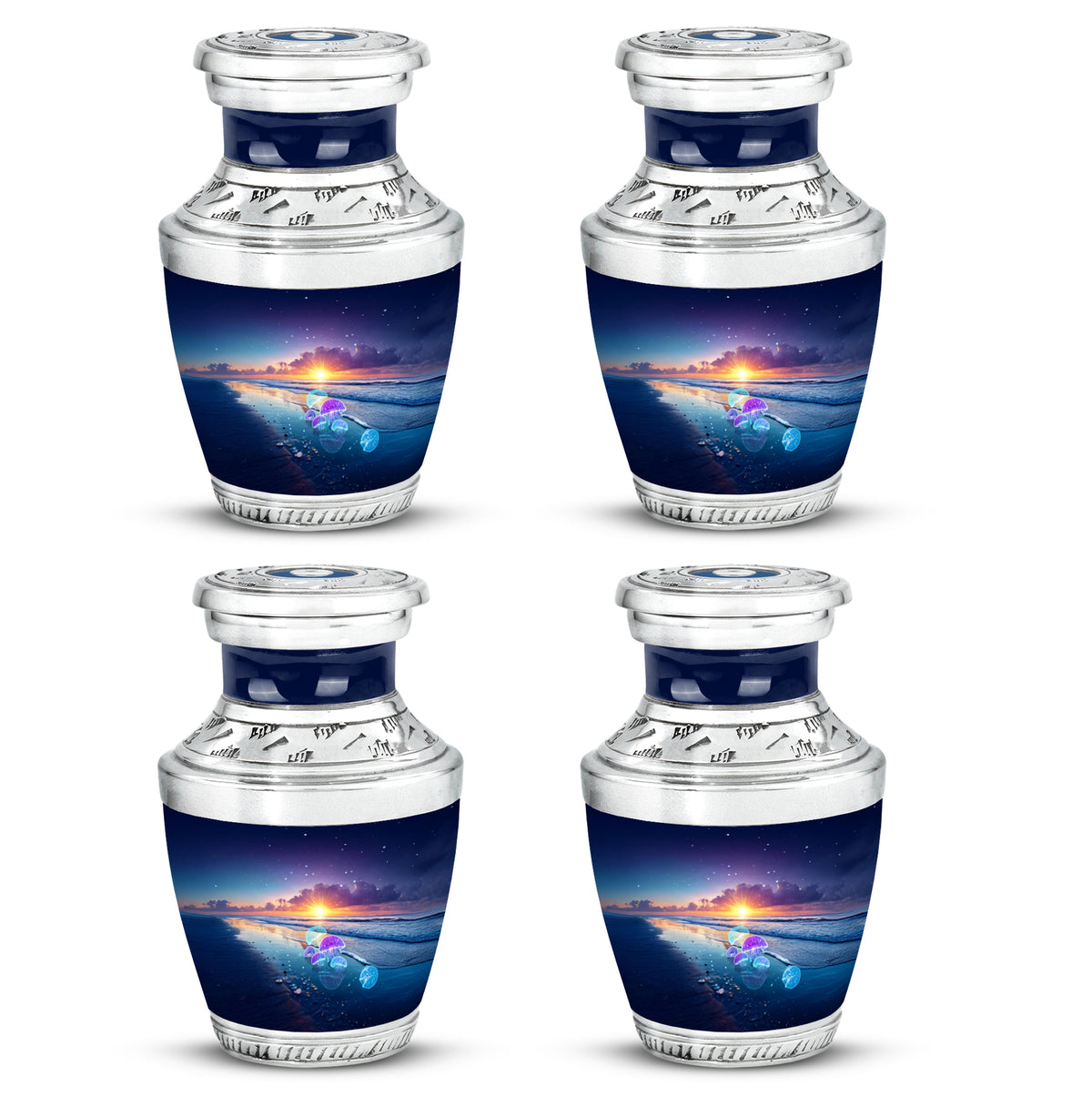 Indigo Beach Cremation Urn back view with polished surface - contemporary beach design with modern artistic flair - 10 inch aluminum urn for cremated remains