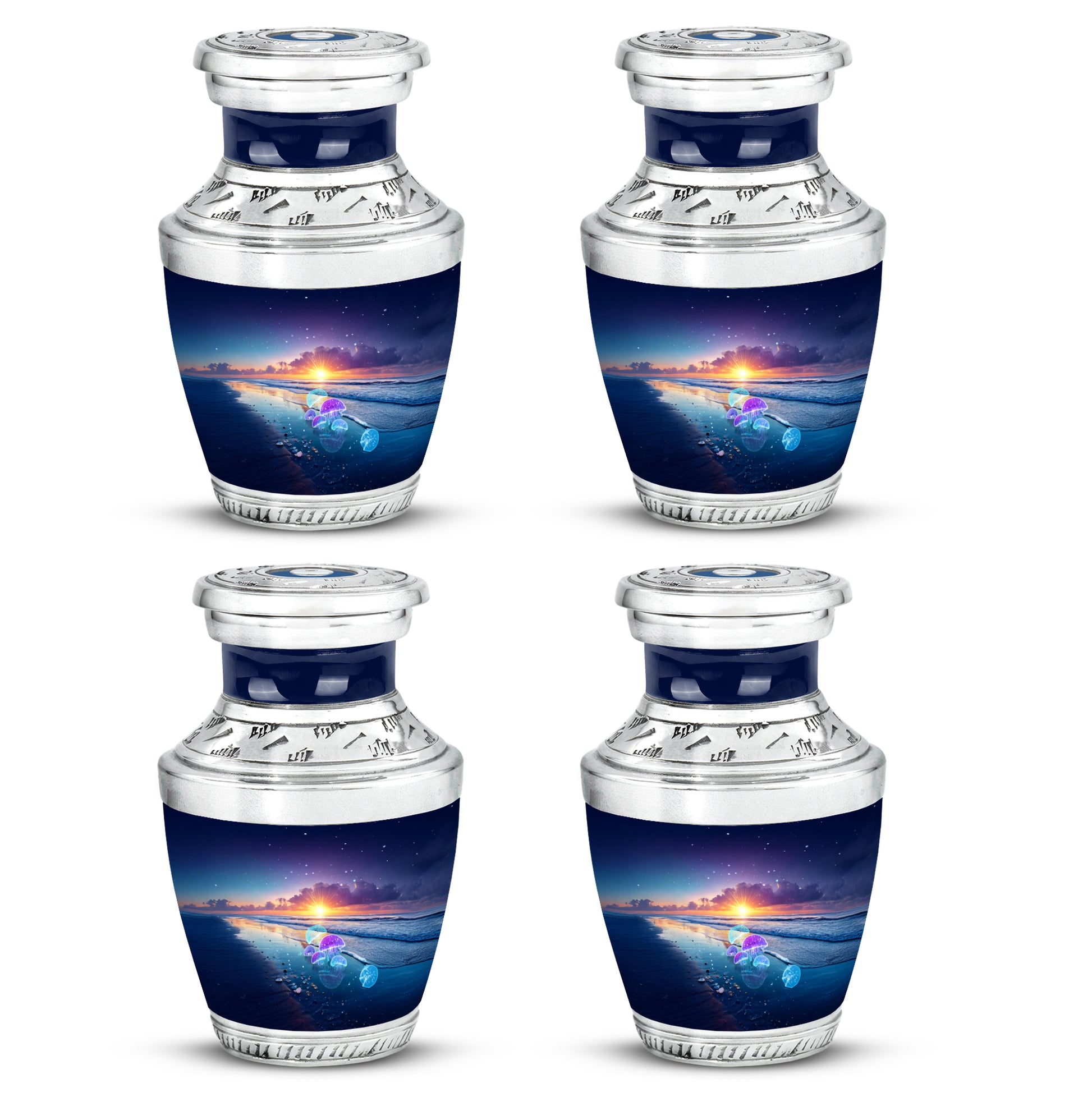 Indigo Beach Cremation Urn back view with polished surface - contemporary beach design with modern artistic flair - 10 inch aluminum urn for cremated remains