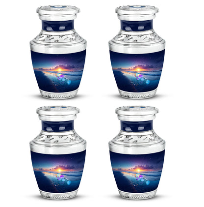 Indigo Beach Cremation Urn back view with polished surface - contemporary beach design with modern artistic flair - 10 inch aluminum urn for cremated remains