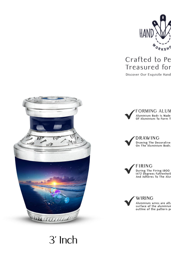 Powder Blue Beach Cremation Urn top-down view of secure threaded lid - modern art-inspired beach motif on sleek aluminum - mini keepsake memorial for portion of cremation ashes